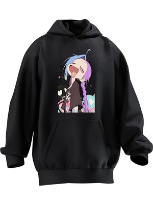 Nmg Tekstil Unisex Premium Pamuk Siyah  Mor Mavi Saçlı Anime Kız Baskılı 3 Iplik Kapüşonlu Sweatshirt