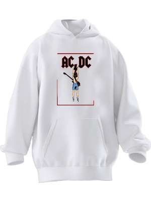Nmg Tekstil Unisex Premium Pamuk Beyaz  Acdc Gitar Baskılı 3 Iplik Kapüşonlu Sweatshirt