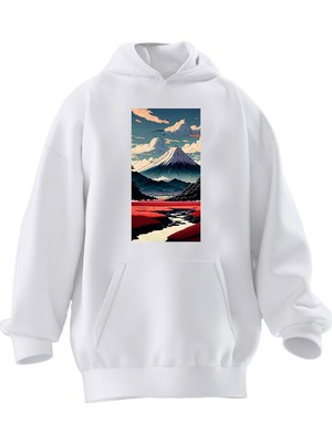 Nmg Tekstil Unisex Premium Pamuk Beyaz  Everest Dağ Baskılı 3 Iplik Kapüşonlu Sweatshirt