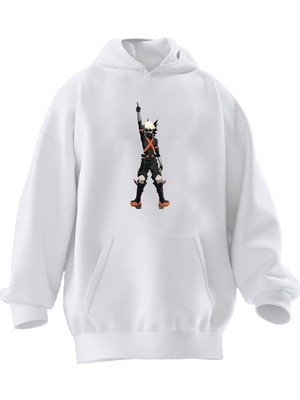 Nmg Tekstil Unisex Premium Pamuk Beyaz  Özgürlükçü Anime Baskılı 3 Iplik Kapüşonlu Sweatshirt