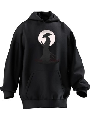 Nmg Tekstil Unisex Premium Pamuk Siyah  Japon Samuray Anime Baskılı 3 Iplik Kapüşonlu Sweatshirt