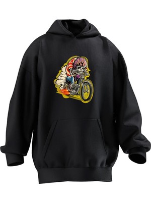 Nmg Tekstil Unisex Premium Pamuk Siyah  Motorace Kurukafa Baskılı 3 Iplik Kapüşonlu Sweatshirt