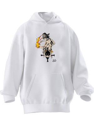 Nmg Tekstil Unisex Premium Pamuk Beyaz  Alevli El Gösteri Baskılı 3 Iplik Kapüşonlu Sweatshirt
