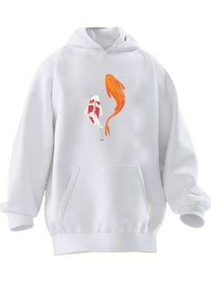 Nmg Tekstil Unisex Premium Pamuk Beyaz Yüzen Japon Balıkları Baskılı 3 Iplik Kapüşonlu Sweatshirt