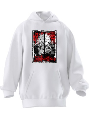 Nmg Tekstil Unisex Premium Pamuk Beyaz  Jujutsu Baskılı 3 Iplik Kapüşonlu Sweatshirt