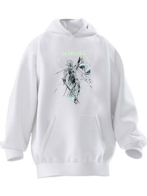 Nmg Tekstil Unisex Premium Pamuk Beyaz  Metallica Gölge Poster Baskılı 3 Iplik Kapüşonlu Sweatshirt
