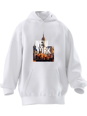 Nmg Tekstil Unisex Premium Pamuk Beyaz  New York Poster Baskılı 3 Iplik Kapüşonlu Sweatshirt