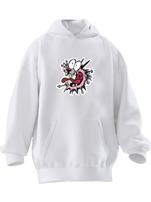 Nmg Tekstil Unisex Premium Pamuk Beyaz  Çılgın Pembe Karakter Baskılı 3 Iplik Kapüşonlu Sweatshirt