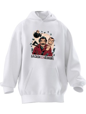 Nmg Tekstil Unisex Premium Pamuk Beyaz  Lacasada Bıyıklı Baskılı 3 Iplik Kapüşonlu Sweatshirt