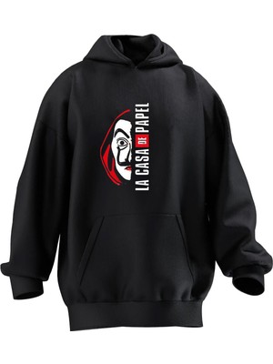 Nmg Tekstil Unisex Premium Pamuk Siyah  Papel Yazı Maske Baskılı 3 Iplik Kapüşonlu Sweatshirt