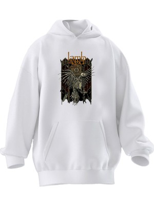 Nmg Tekstil Unisex Premium Pamuk Beyaz  Lamb God Baskılı 3 Iplik Kapüşonlu Sweatshirt