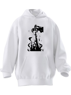 Nmg Tekstil Unisex Premium Pamuk Beyaz Samuray Kılıç Baskılı 3 Iplik Kapüşonlu Sweatshirt