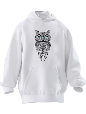 Nmg Tekstil Unisex Premium Pamuk Beyaz Siyah Baykuş Baskılı 3 Iplik Kapüşonlu Sweatshirt