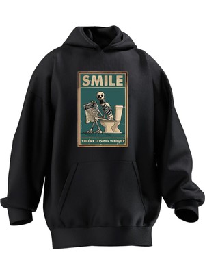 Nmg Tekstil Unisex Premium Pamuk Siyah Smile Kurukafa Baskılı 3 Iplik Kapüşonlu Sweatshirt
