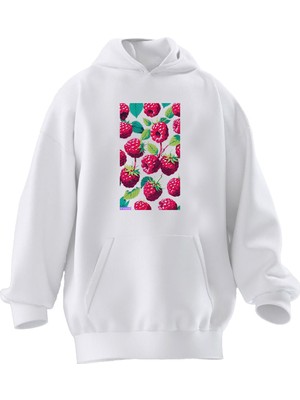 Nmg Tekstil Unisex Premium Pamuk Beyaz  Böğürtlenler Baskılı 3 Iplik Kapüşonlu Sweatshirt