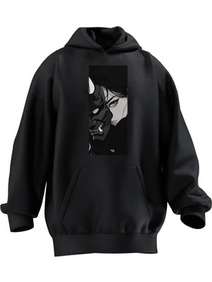 Nmg Tekstil Unisex Premium Pamuk Siyah  Maskeli Anime Kız Baskılı 3 Iplik Kapüşonlu Sweatshirt