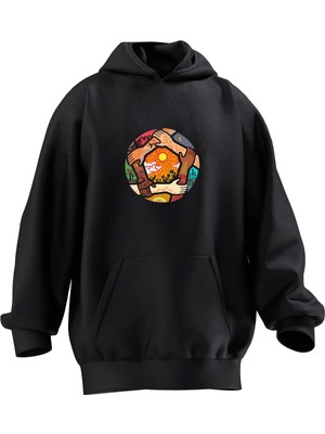 Nmg Tekstil Unisex Premium Pamuk Siyah  Renkli Dünya Eller Baskılı 3 Iplik Kapüşonlu Sweatshirt