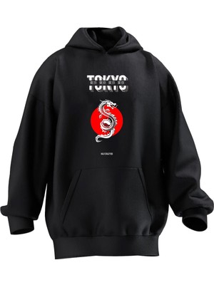 Nmg Tekstil Unisex Premium Pamuk Beyaz Tokyo Dragon Baskılı 3 Iplik Kapüşonlu Sweatshirt