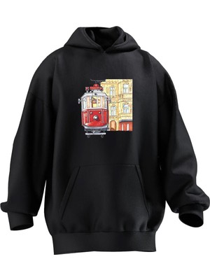Nmg Tekstil Unisex Premium Pamuk Siyah  Nostalji Tramvay Baskılı 3 Iplik Kapüşonlu Sweatshirt