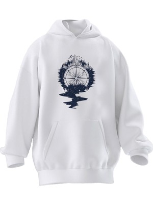 Nmg Tekstil Unisex Premium Pamuk Beyaz  Pusula Nehir Baskılı 3 Iplik Kapüşonlu Sweatshirt