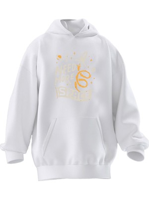 Nmg Tekstil Unisex Premium Pamuk Beyaz  I Need Space Baskılı 3 Iplik Kapüşonlu Sweatshirt