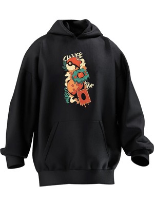 Nmg Tekstil Unisex Premium Pamuk Siyah  Pokemon Şekiller Baskılı 3 Iplik Kapüşonlu Sweatshirt