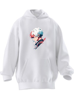 Nmg Tekstil Unisex Premium Pamuk Beyaz  Ak Saçlı Anime Baskılı 3 Iplik Kapüşonlu Sweatshirt