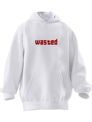 Nmg Tekstil Unisex Premium Pamuk Beyaz Wasted Yazı Baskılı 3 Iplik Kapüşonlu Sweatshirt