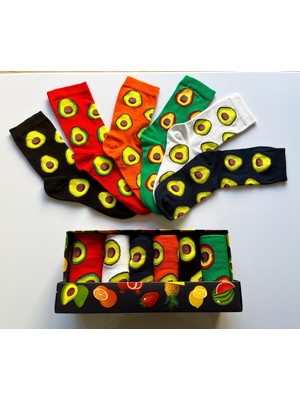 Socks And More Avokado Desenli 6'lı Çorap Kutusu Unisex Renkli