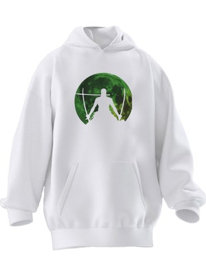 Nmg Tekstil Unisex Premium Pamuk Beyaz Yeşil Dolunay Samuray Baskılı 3 Iplik Kapüşonlu Sweatshirt