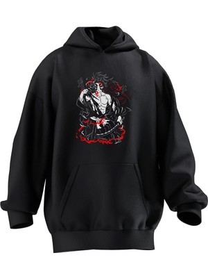Nmg Tekstil Unisex Premium Pamuk Siyah  Etekli Japon Anime Samuray Baskılı 3 Iplik Kapüşonlu Sweatshirt