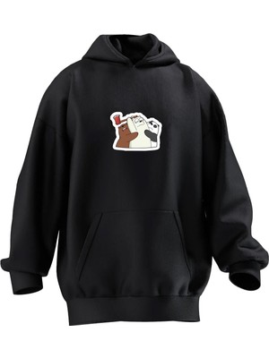 Nmg Tekstil Unisex Premium Pamuk Siyah  Baltalı Ayıcıklar Baskılı 3 Iplik Kapüşonlu Sweatshirt
