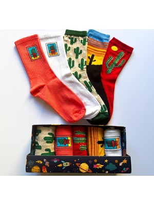 Socks And More Kaktüs Desenli 5'li Çorap Kutusu Unisex Renkli