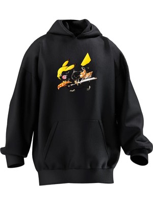 Nmg Tekstil Unisex Premium Pamuk Siyah  Pikachu Etekli Baskılı 3 Iplik Kapüşonlu Sweatshirt