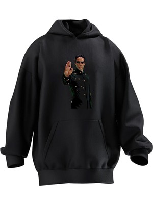 Nmg Tekstil Unisex Premium Pamuk Siyah  Matrix Sahne Baskılı 3 Iplik Kapüşonlu Sweatshirt