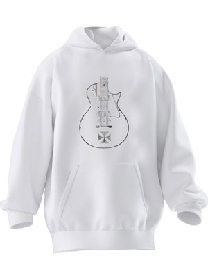Nmg Tekstil Unisex Premium Pamuk Beyaz Yonca Yaprağı Gitar Baskılı 3 Iplik Kapüşonlu Sweatshirt