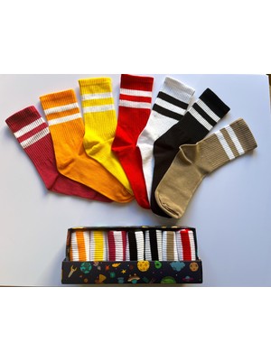 Socks And More Çizgili Soket Kolej Çorabı 7'li Çorap Kutusu Unisex Renkli Çizgili