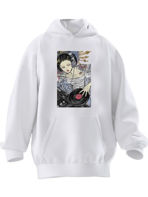Nmg Tekstil Unisex Premium Pamuk Beyaz  Çinli Dj Baskılı 3 Iplik Kapüşonlu Sweatshirt