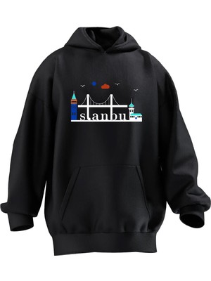 Nmg Tekstil Unisex Premium Pamuk Siyah  Istanbul Köprü Baskılı 3 Iplik Kapüşonlu Sweatshirt