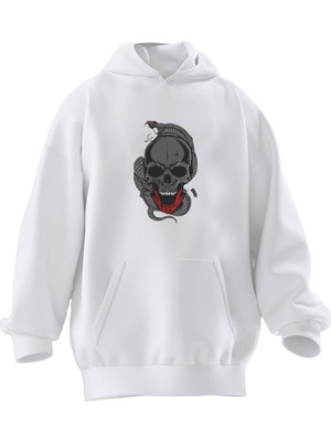 Nmg Tekstil Unisex Premium Pamuk Beyaz Yılanlı Kurukafa Baskılı 3 Iplik Kapüşonlu Sweatshirt
