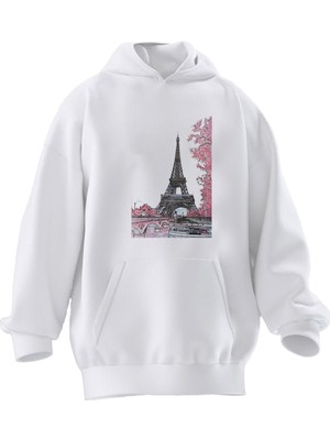 Nmg Tekstil Unisex Premium Pamuk Beyaz  Eyfel Kulesi Pembe Ağaçlar Baskılı 3 Iplik Kapüşonlu Sweatshirt