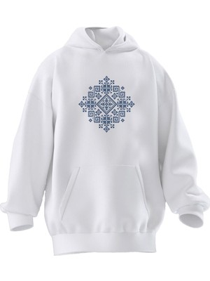 Nmg Tekstil Unisex Premium Pamuk Beyaz  Halı Deseni Lacivert Baskılı 3 Iplik Kapüşonlu Sweatshirt