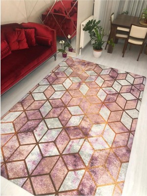 Carpet Cover Pembe Piramit Model Ipek Kadife Lastikli Halı Örtüsü