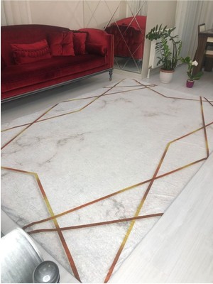 Carpet Cover Beyaz Gold Şerit Model Ipek Kadife Lastikli Halı Örtüsü