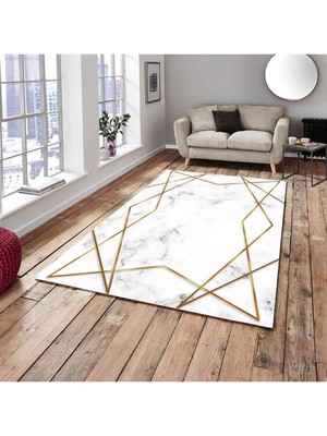 Carpet Cover Beyaz Gold Şerit Model Ipek Kadife Lastikli Halı Örtüsü