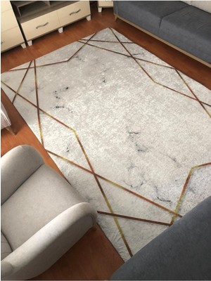 Carpet Cover Beyaz Gold Şerit Model Ipek Kadife Lastikli Halı Örtüsü