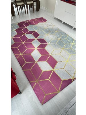 Carpet Cover Fuşya Piramit Model Ipek Kadife Lastikli Halı Örtüsü