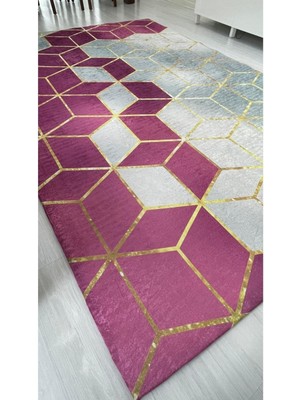 Carpet Cover Fuşya Piramit Model Ipek Kadife Lastikli Halı Örtüsü