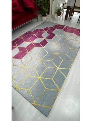 Carpet Cover Fuşya Piramit Model Ipek Kadife Lastikli Halı Örtüsü