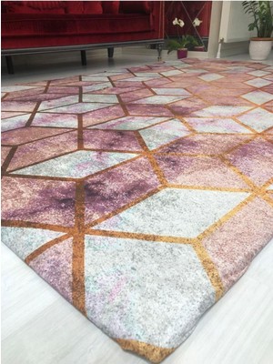 Carpet Cover Pembe Piramit Model Ipek Kadife Lastikli Halı Örtüsü